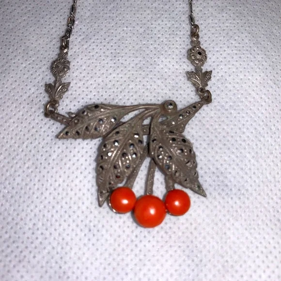 Antique Sterling Silver Coral Cherry Necklace - Picture 1 of 8